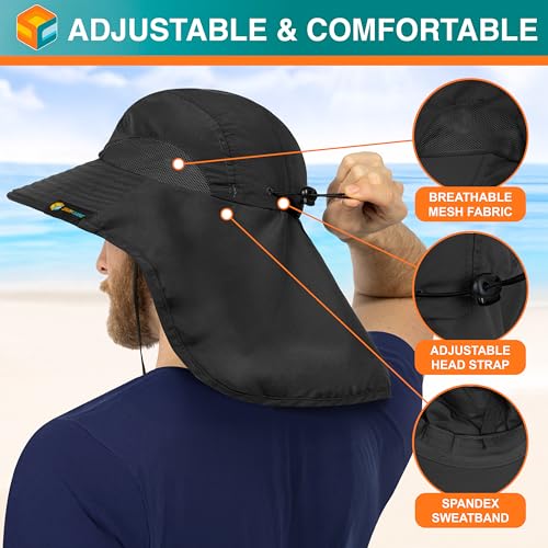 SUN CUBE Wide Brim Sun Hat with Neck Flap, UPF50+ Hiking Safari Fishing Hat for Men Women, Sun Protection Beach Hat - color: Black