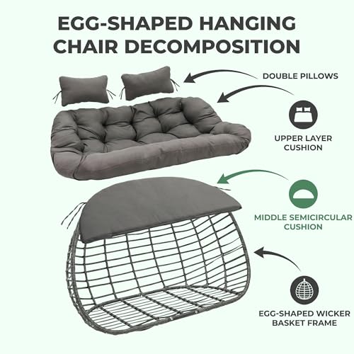 Double Egg Swing Chair with Stand for Outdoor, Patio Hand Made Rattan Wicker 2 Double Hanging Egg Chairs Hammock Chair with UV Resistant Cushion and Metal Frame, Porch Swing Loveseat for Backyard - color: Charcoal