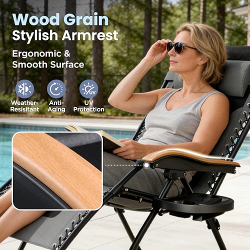 PHI VILLA XXL Oversized Padded Zero Gravity Chair Set of 2, Foldable Patio Recliner, 30" Wide Seat Anti Gravity Lounger with Armrest and Cup Holder, Support 400 LBS (Grey) - color: Grey, style: 2 Pcs