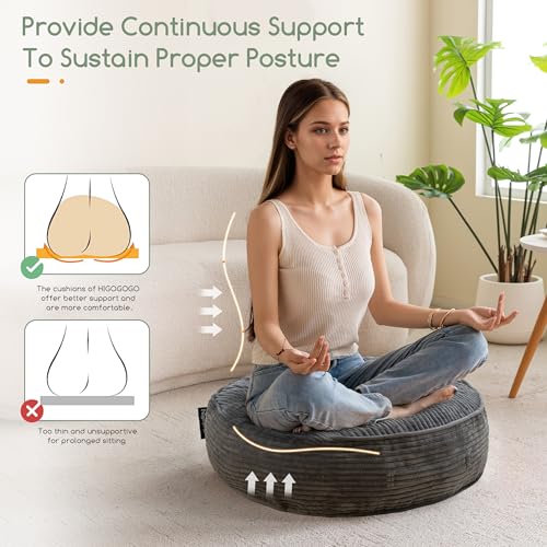 HIGOGOGO 6" Extra Thick Floor Pillow Cushion for Adults, Meditation Cushion Pillow, Large Round Floor Sitting, Tufted Corduroy Cover, for Tatami Living Room or Yoga, 22x22 Inch, 2Pack, Dark Grey - color: Round Dark Grey, size: 6" Thick(pack of 2)