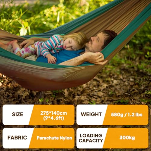 NATUREFUN Ultra-Light Travel Camping Hammock | 300kg Load Capacity,Breathable,Quick-Drying | 2 x Premium Carabiners,2 x Nylon Slings Included | Outdoor Indoor Garden - color: Camel/Olive Green, size: 275x140cm