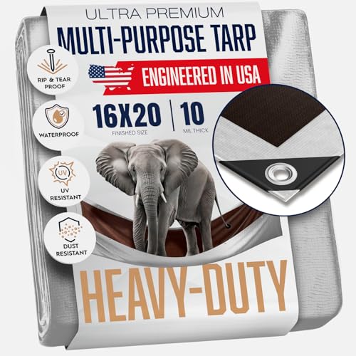 16x20 Heavy Duty Tarp, 10 Mil Thick, Waterproof, Tear & Fade Resistant, High Durability, UV Treated, Grommets Every 18 Inches. (Silver/Brown - Reversible) (16 x 20 Feet) - size: 16x20