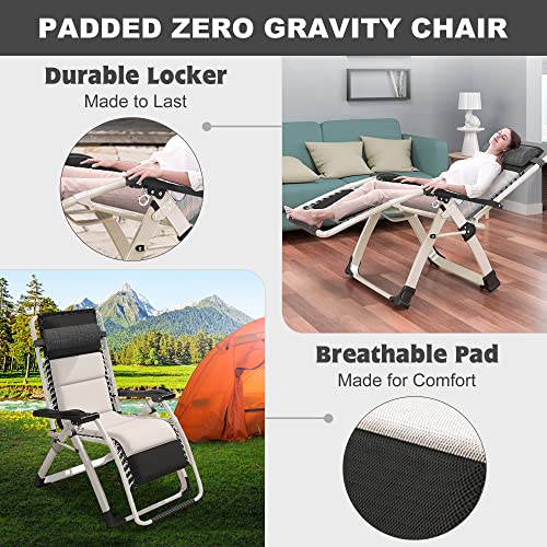 ABORON Padded Zero Gravity Chair,Premium Outdoor Lawn Folding Lounge Chairs,Sturdy Adjustable Reclining Patio Chairs with Headrest & Tray - color: Ivory White