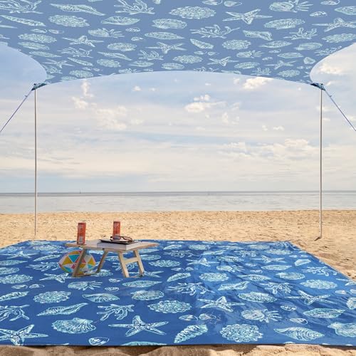WEKAPO Beach Tent Sun Shelter - Easy Setup Beach Canopy with 4 Sturdy Poles, Large Sandbags and Shovel, 6'7'' Tall, Windproof Sun Shade for Backyard and Camping, UPF 50+ Protectio - color: Blue Sea Shells, size: 8x8 FT 4 Pole