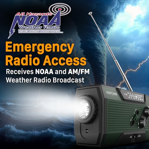 FosPower NOAA Emergency Weather Radio A1 7400mWh Portable Power Bank, AM/FM, USB/Solar/Hand Crank Charging, Battery Operated, SOS Alarm & Flashlight for Indoor/Outdoor Emergency - Green - color: 03 - Model A1 - Green