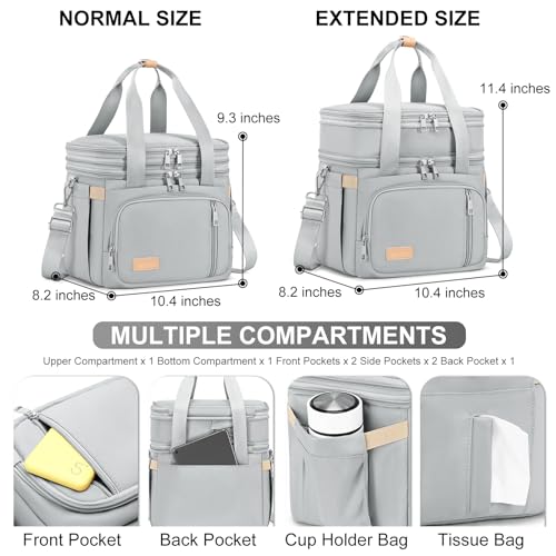 MAPLELILY Lunch Box for Men Women - Double Deck Insulated Lunch Bag, Large Leak Proof Tote Cooler, Wide Open Dual Compartment Lunch Bags with Shoulder Strap, For Work Picnic Hiking Beach, Grey - color: Gray