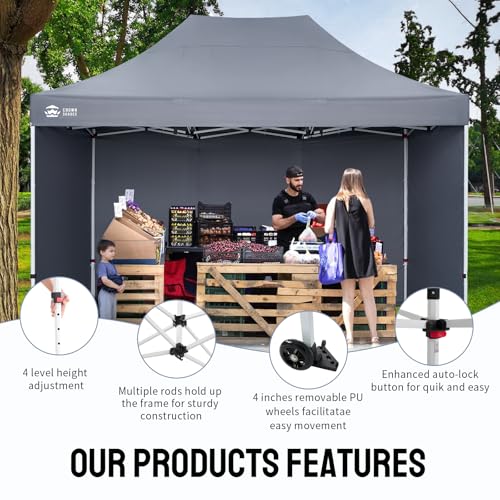 CROWN SHADES 10x15 Pop Up Canopy Tent, Thicken Frame Commercial Heavy Duty Tent with 4 Sidewalls 8 Stakes & 4 Sandbags & 4 Ropes, Outdoor Canopies for Events, Parties,Grey - color: Gray, size: 10x15 Heavy Duty