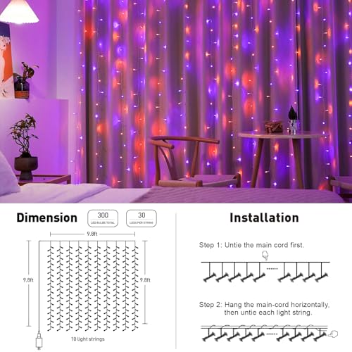 JMEXSUSS 300LED Orange and Purple Halloween Curtain Lights with Remote, 9.8x9.8ft Window Twinkle Hanging String Lights Plug in, Halloween Lights for Bedroom Wall Party Backdrop Indoor Outdoor Decor - color: Orange and Purple, size: 300 LED
