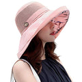 Women Mesh Sun Hats Summer Beach UV Protection UPF Packable Wide Brim Chin Strap - color: Pink