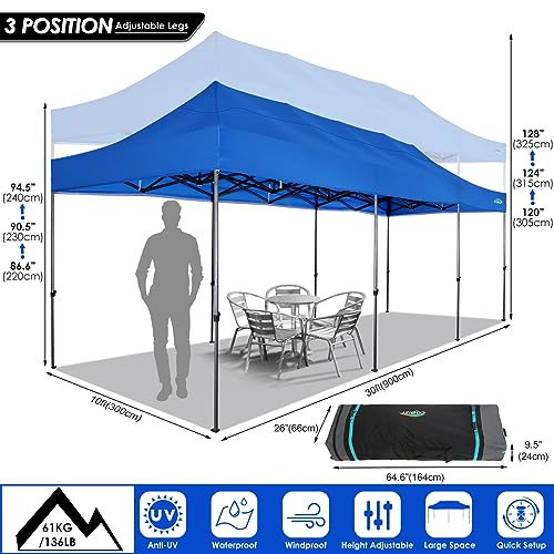 COBIZI 10x30 Heavy Duty Pop up Canopy with 8 sidewalls Party Tent for Parties Weddings Events UPF 50+ Waterproof Commercial Gazebo with Roller Bag, Blue(Frame Thickened) - color: Blue, size: 10x30 With 8 Sidewalls