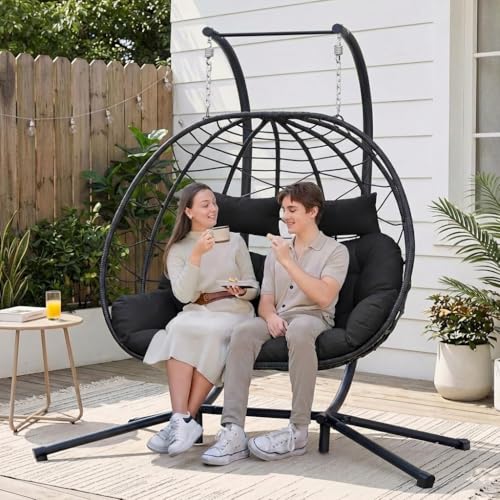 Easyego 2-Person Wicker Hanging Egg Chair with Stand- 700 lb Capacity, Indoor/Outdoor Double Egg Swing Hammock Chair for Patio, Garden, Porch, Living Room, Bedroom-Dark Grey - color: Grey, size: 1 pack