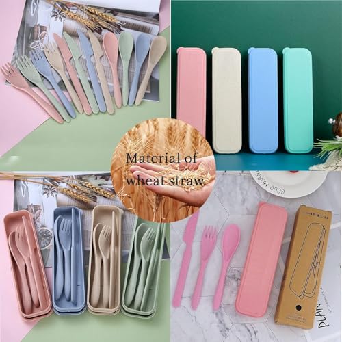 Travel Utensils with Case, 4 Sets Wheat Straw Portable Travel Cutlery Set, Reusable Fork Spoons Knife Tableware Camping Utensil Sets for Kids Adults Picnic or Daily Use, Dishwasher Safe