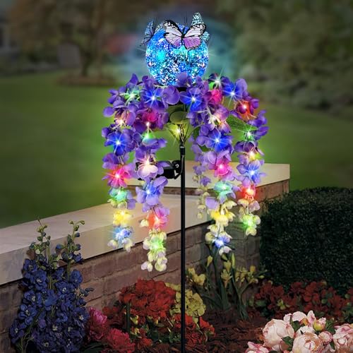 Solar Lights Outdoor Pathway,Wisteria Flower Garden Stakes,Colorful LED Lights for Yard,Patio,Lawn,Solar Powered Garden Decortions,Spring Gifts for Women - color: Wisteria