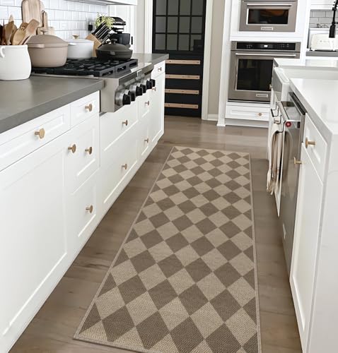 Rugalia Easy Jute Checkered Runner Rug, 2x6 Brown Modern Washable Rugs Runner for Hallway Non-Slip Long Kitchen Rug, Geometric Diamond Indoor Outdoor Carpet for Porch Laundry Entryway - color: Brown Checkered, size: 2' x 6' (Runner)