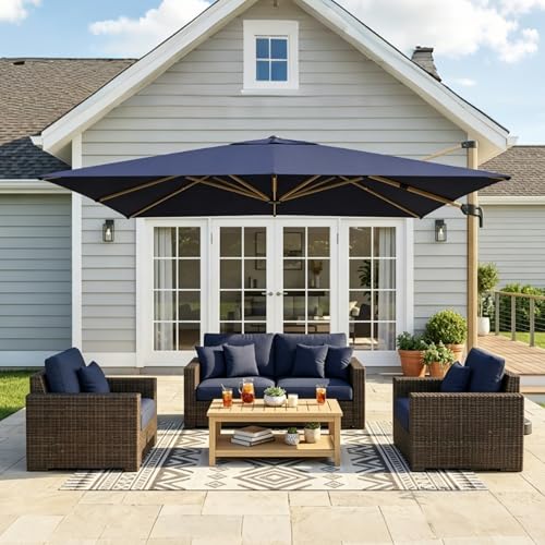 PURPLE LEAF 10FT Patio Umbrella Square Cantilever Umbrella Teak Finished Aluminum Frame Large Windproof Offset Outdoor Sun Umbrellas for Beach Pool Deck, Navy Blue - color: Navy Blue / Umbrella Only, size: 10' X 10'