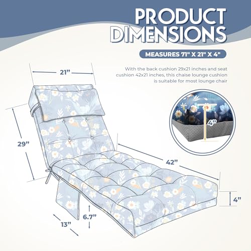 Outdoor Chaise Lounge Chair Cushion, Waterproof Outdoor Chair Cushions for Patio Furniture, 71 x 21 x 4 Inches Replacement Chaise Lounge Cushion with Ties (Blue Flower) - color: Black Flower