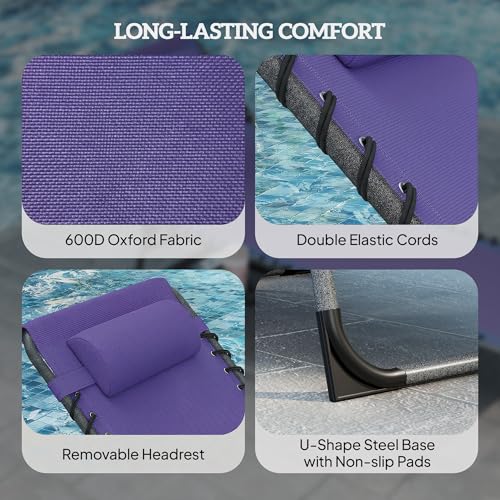 Outsunny Folding Chaise Lounge Chair Outdoor Tanning Chair with Side Table, 5-Level Adjustable Beach Lounge Chair with Headrest, Side Pocket for Patio, Backyard, Beach, Poolside, Purple - color: Purple