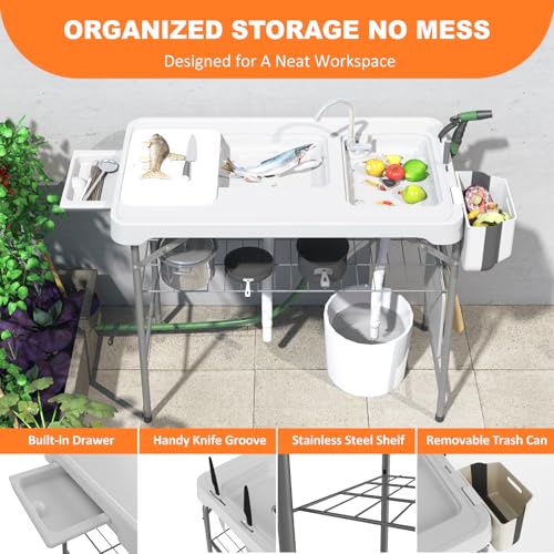 Folding Fish Cleaning Table with 2 Sinks, 42.5'' Portable Camping Sink Table with Foldable Faucet, Drainage Hose, Sprayer, Storage Box,Drawer & Grooves, Outdoor Fillet Station for Picnic, White - color: White