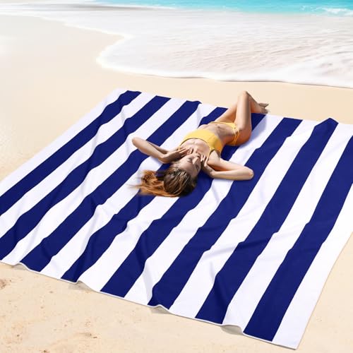 Peryiter Checkered Giant Beach Blanket 71 x 71 Inch Oversized Sandproof Towel Stripe Microfiber Quick Dry Lightweight Huge Blanket for Summer Hawaii Beach Travel Essentials Accessories(Navy Blue) - color: Navy Blue
