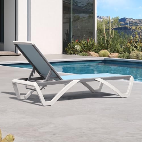 PURPLE LEAF Patio Chaise Lounge Chair Outside Aluminum Plastic Stackable Tanning Chairs for Pool Sunbathing Beach Deck Outdoor Lounger, Light Blue - color: Light Blue, style: 1 chair