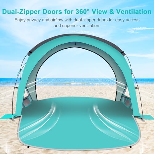 Gorich Beach Tent Sun Shelter with UPF50+ UV Protection for 1-2/3/4-5/6-7 Person, Lightweight & Portable Beach Shade Canopy with 2 Zippered Doors, Easy Setup Family Beach Umbrella - color: Turquoise, size: 2 Person