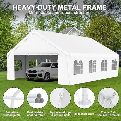 20x26 Carport Heavy Duty Party Tent with Removable Sidewalls Outdoor Storage Shelter Portable Garage with All Season Tarp, Canopy for Backyard Barbecues Parties Weddings - size: 20x26 FT