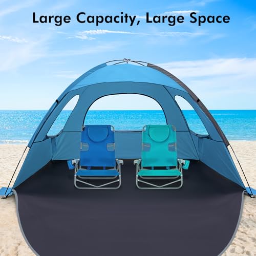 WhiteFang Beach Tent Anti-UV Portable Sun Shade Shelter for 3/4/6/8 Person, Extendable Floor with 3 Ventilating Mesh Windows Plus Carrying Bag, Stakes and Guy Lines - color: Blue, size: 6 Person
