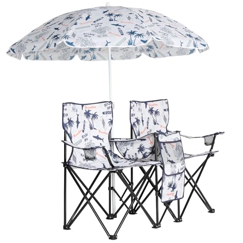 Double Folding Camping Chair W/Umbrella Fold Up Table Beverage Holder Carrying Bag Cooler for Patio Pool Park Outdoor Beach, Picnic, Portable (Coconut) - color: Coconut