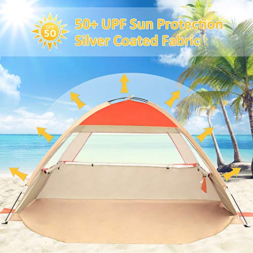 Gorich Beach Tent Sun Shelter for 3/4/6/8/10 Person with UPF 50＋ UV Protection, Lightweight & Easy Setup Beach Shade Canopy, Portable Beach Shade Tent Beach Cabana - color: Orange, size: 3 Person