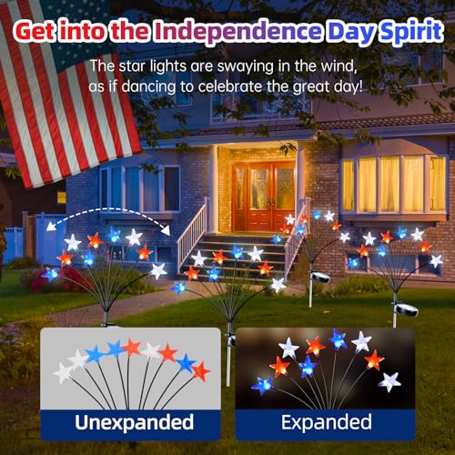Lewondr 4th of July Decorations Solar Garden Lights, Fourth of July Red White and Blue Star Solar Lights Outdoor, Waterproof Patriotic Decor with 9 LED 2 Lighting Modes for Independence Day, 4 Pack - size: 4 Pack, style: 3-Color Star