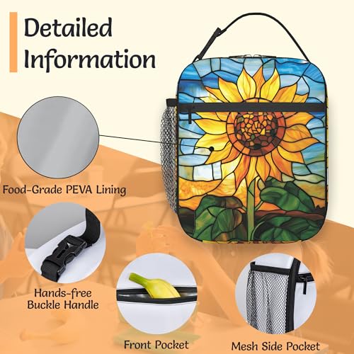 Sunflower Reusable Lunch Bag,Retro Flower Insulated Lunch Box with Side Pockets for Girls Boys Women Portable Thermal Cooler Bag for Teens School,Work,Picnic,Beach - color: Sunflower