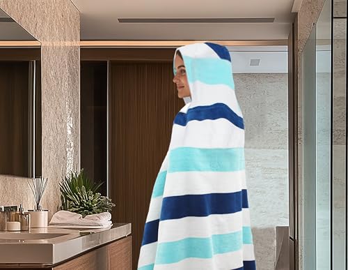 COTTON CRAFT Hooded Beach Towel - Oversized XXL 35x84 Towel with Hood for Adults - The Big Kahuna 7 Foot Beach Blanket Towel - Big & Tall Soft 100% Cotton Velour - Pool Bath Wrap - Cabana Stripe Blue - color: Ocean Blue, size: 1 Pack - 35x84 Hooded