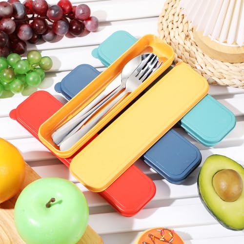 Yinkin 4 Pack Portable Travel Utensils Set with Case Reusable Stainless Steel Silverware Flatware Camping Cutlery Include Fork Spoon Knife for Work School Dishwasher Safe(Mixed Color) - color: Blue,Orange,Green,Yellow