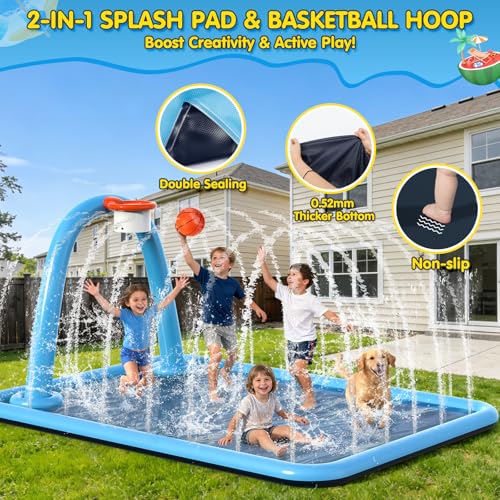 Instraella Splash Pad, 110x91'' 2-in-1 Large Sprinkler Mat with Basketball Hoop and Arch for Kids Outdoor Play, Shoot Game for Backyard, Inflatable Water OutdoorToys More Fun for Boys and Girls - size: Square 110*91 in