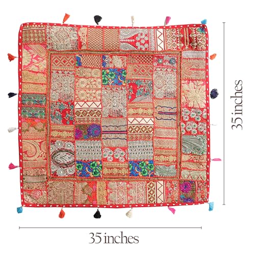 THE ART BOX Cotton Patchwork Vintage Boho Embroidered Floor Pillows & Cushion Cover Dog Pouf Seating Pouf Meditation Pillow Pet Bedding Cat Bed Boho Home Décor (35x35 Inches, Cover Only) - color: Red