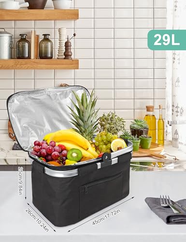 Large Picnic Basket Insulated, Foldable Shoping Basket Cooler Bag, Leakproof Picnic Baskets with Handle and Lid for Camping Outdoor Birthday Lunch BBQ Travel Beach(Black, 17.7x10.2x9.8in) - color: Black, size: 17.7 x 10.2 x 9.8 in