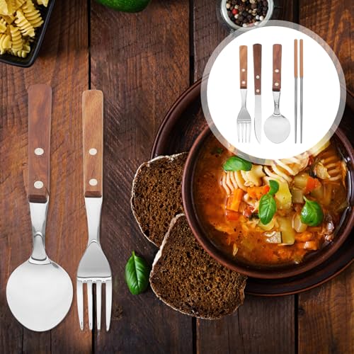 Stainless Steel Flatware Set with Wooden Handles, Fork Spoon Knife Chopstick Kit, Portable Camping Cutlery Set with Gray Carrying Bag for Outdoor Dining and Western Restaurant Use
