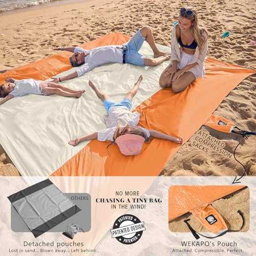 WEKAPO Beach Blanket Sandproof Waterproof, Extra Large Beach Mat, Oversized & Compact Sand Free, Quick Drying Beach Essentials for Vacation, Cruise, Picnic & Camping with Stakes - color: Orange, size: 7x7 FT (1～3 person)