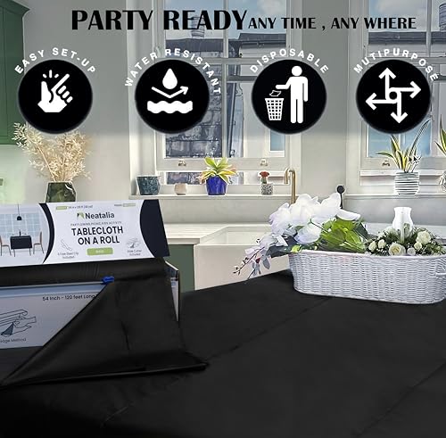 Black Plastic Tablecloth Roll 54in X 120ft Disposable Waterproof Cover Table Cloth Rolls for Outdoor Party Events Tablecloths for BBQ Picnic Rectangle and Round Tables and Decorative Supplies - color: Black