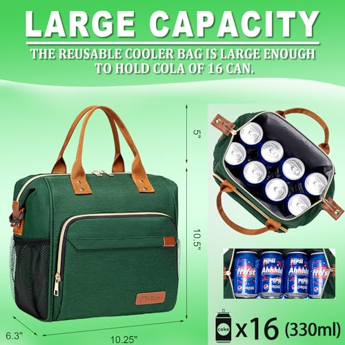 TuErCao Insulated Lunch Bag Adult Lunch Box for Women for Work Leakproof Soft Cooler for Beach Travel Picnic, Dark Green - color: A5: Green, size: Large