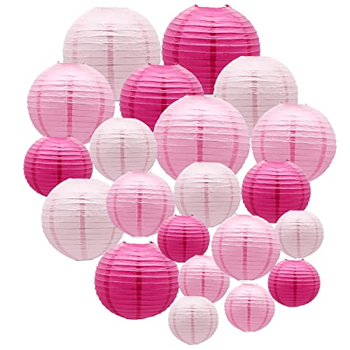 Pink Paper Lanterns Decorative, Hanging Round Paper Lanterns Indoor Outdoor for Valentines Day Decorations Graduation Wedding Birthday Baby Showers Tea Party Decorations, 21pcs - color: Pink