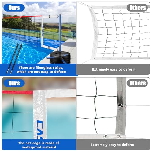 Eastgoing Pool Volleyball Net Set with Light,Adjustable Length 15-25FT，Swimming Pool Volleyball Net System with 2 Water Volleyballs and Heavy Duty Base.
