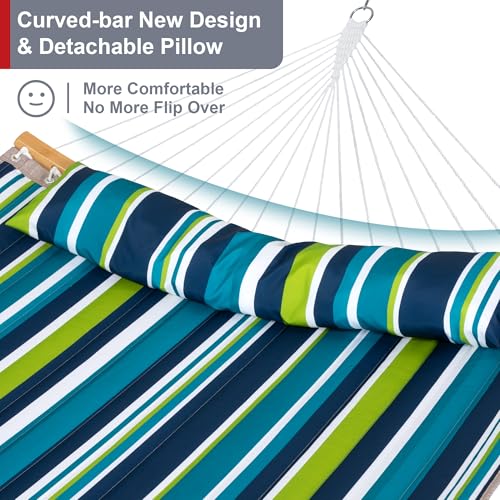 Hammock with Stand for Outside, Double Hammock with Stand, Pillow and Portable Bag, 450 Lbs Capacity, Green Blue Stripes - color: Green Blue Stripes