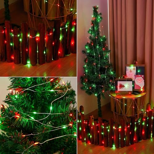 YEGUO 4 Pack Red and Green Solar Fairy Lights, Each 33ft 100 LED Christmas Lights Outdoor Waterproof, 8 Modes Sliver Wire Solar String Lights - color: Green and Red
