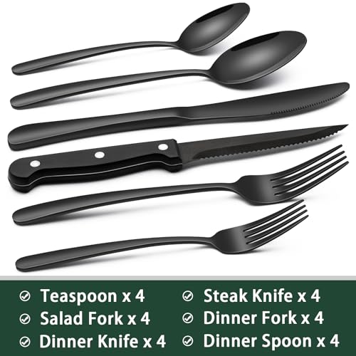 EWFEN 24-Piece Black Silverware Set with Steak Knives, Black Flatware Set for 4, Food-Grade Stainless Steel Tableware Cutlery Set, Mirror Finished Utensil Sets for Home Restaurant, Heavy Duty - style: Heavy Duty
