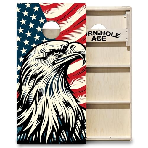 CornholeAce ACE PRO American Flag Cornhole Board Set - No Bounce! Triple Wide Legs, 3/4" Baltic Birch Plywood, Handles, Regulation Size (4x2ft), Tournament Style, Made in USA - color: Soaring Patriot