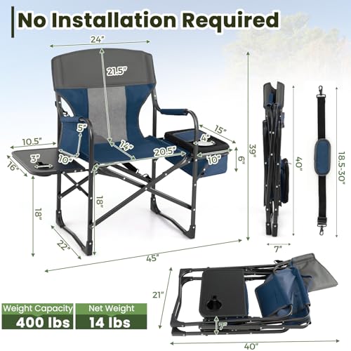 KOTEK Camping Directors Chair, Outdoor Folding Chair with Side Table, Cooler Bag & Storage Pocket, Supports 400 LBS, Portable Camp Chairs for Fishing, Picnic, Concert, Beach, Lawn, Patio (1, Blue) - color: Blue