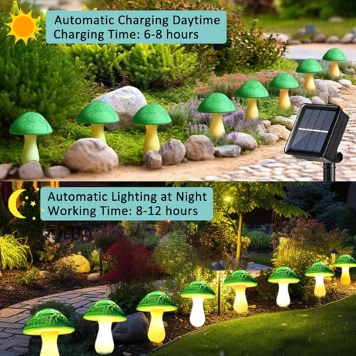 Solar Mushroom Lights Garden Decor 8 Green Crack Mushrooms Outdoor Decor Stake Lights Waterproof Solar Pathway Light Gardening Gifts for St Patrick's Day Easter Gnomes Yard Halloween Xmas Decorations - color: Green