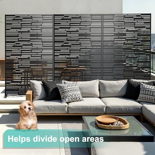 Modern Metal Privacy Screen, Patio Outdoor Privacy Panels with Stand, Freestanding Outdoor Divider for Yard, Deck＆Garden(71.3"*47.3"*15.7") - color: Black,Barcode