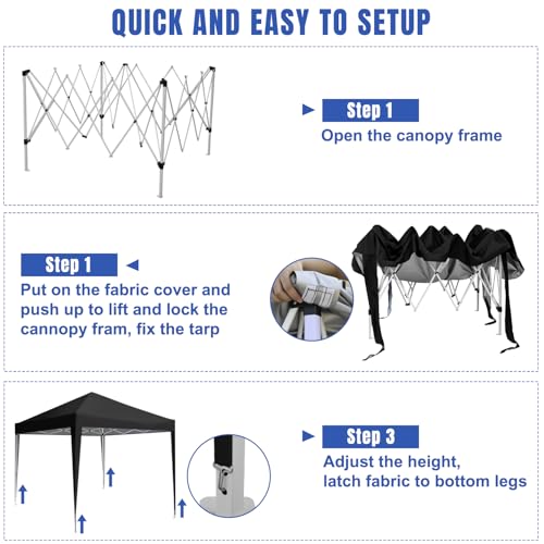 Yesker 10x10 Pop Up Canopy Tent UPF 50+ Waterproof Outdoor Canopy Portable Folding Easy Setup Gazebo Adjustable Height Instant Sun Shade Tent with Wheeled Bag for Events Parties Camping Patio, Black - size: 10x10FT Black
